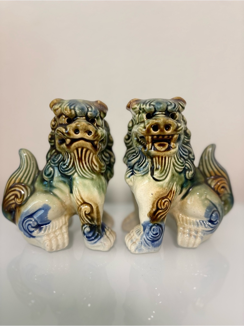 Vintage Ceramic Foo Dog Statues in Blue-Green Glaze - Decorative Pair